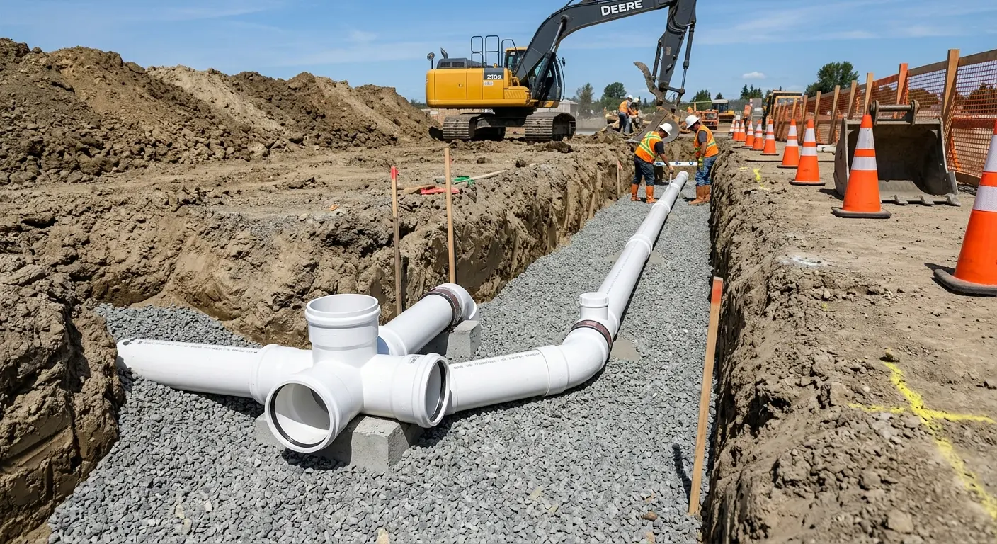 New PVC sewer pipe installation in open trench for Sewer Backup in Centerville