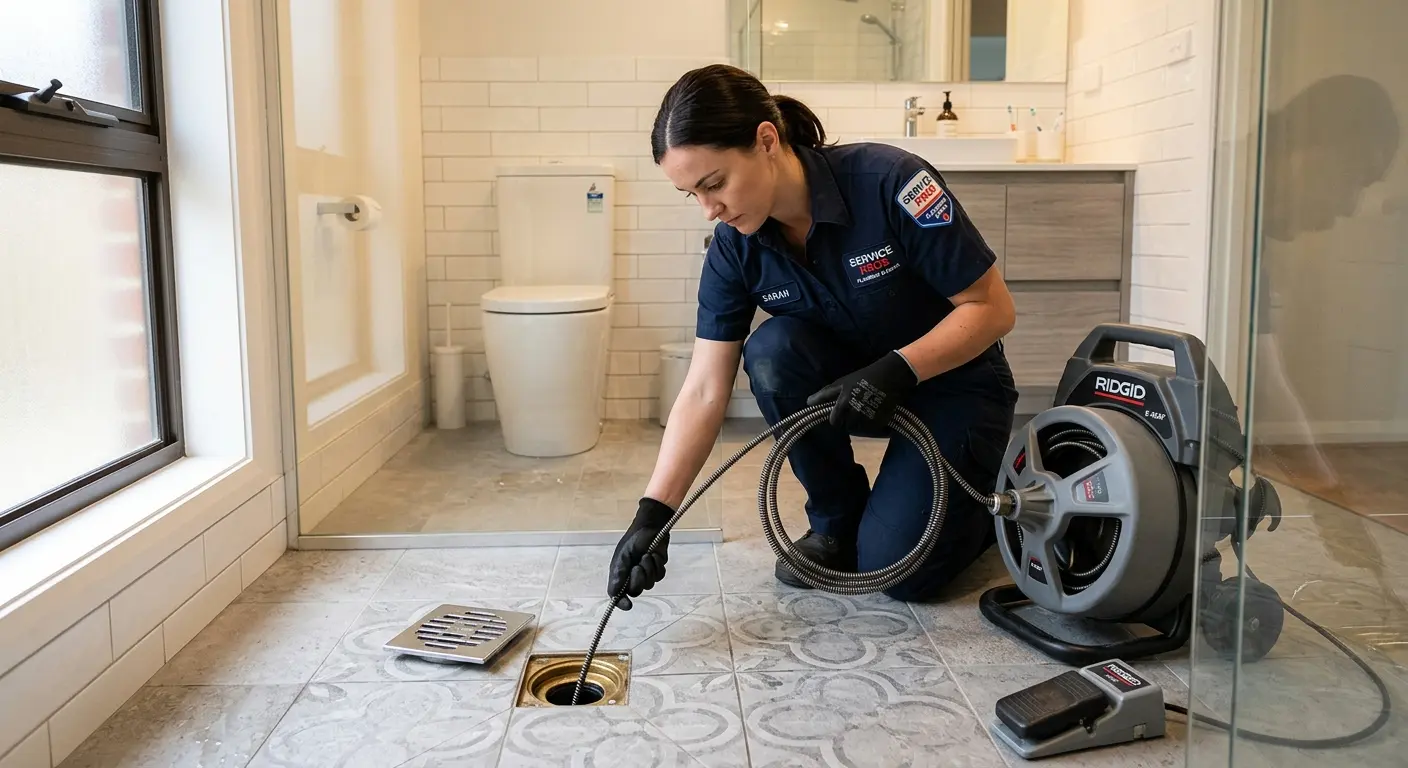 Technician clearing a bathroom floor drain for Drain Repair in Centerville